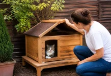 Casa pentru pisici amplasată în exterior care oferă protecție și întreținere ușoară Casa pentru pisici amplasată în exterior care oferă protecție și întreținere ușoară