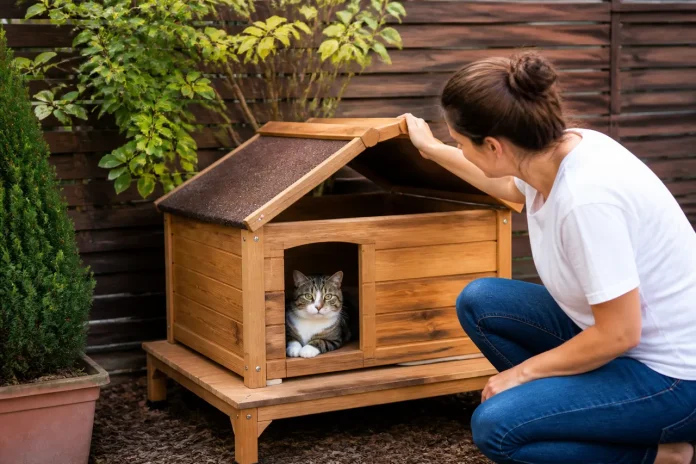 Casa pentru pisici amplasată în exterior care oferă protecție și întreținere ușoară