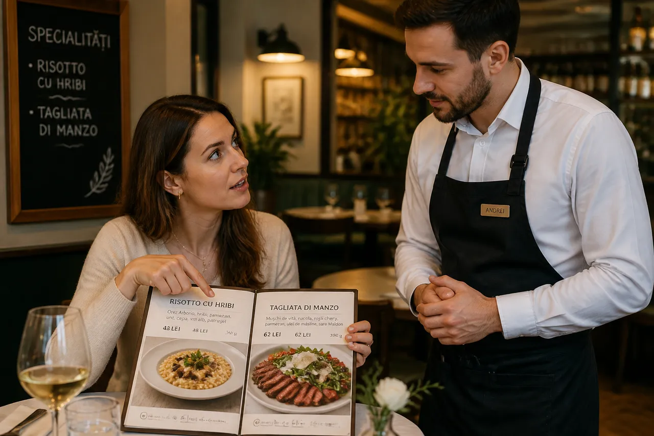 clientă întreabă despre meniul unui restaurant bucureștean