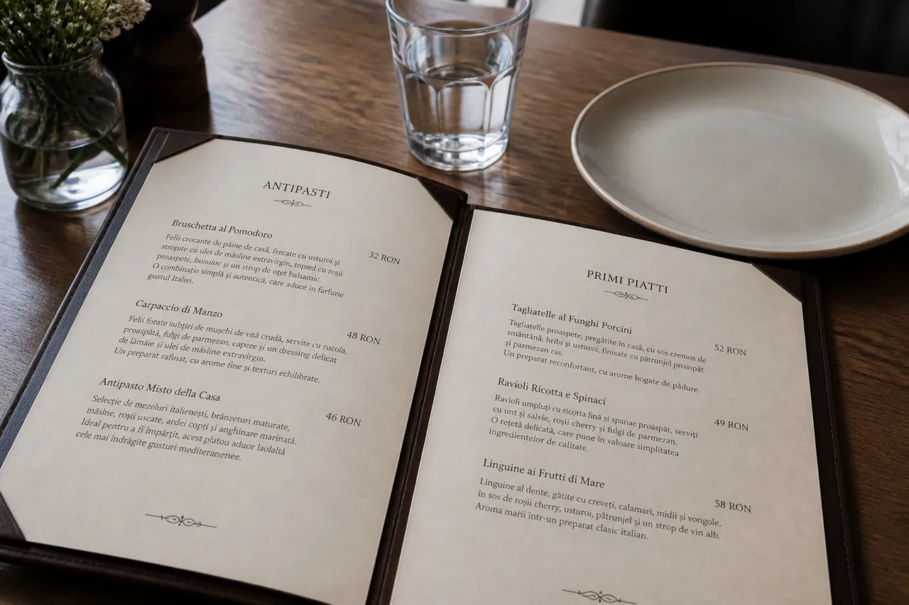 descrieri de preparate într-un meniu de restaurant