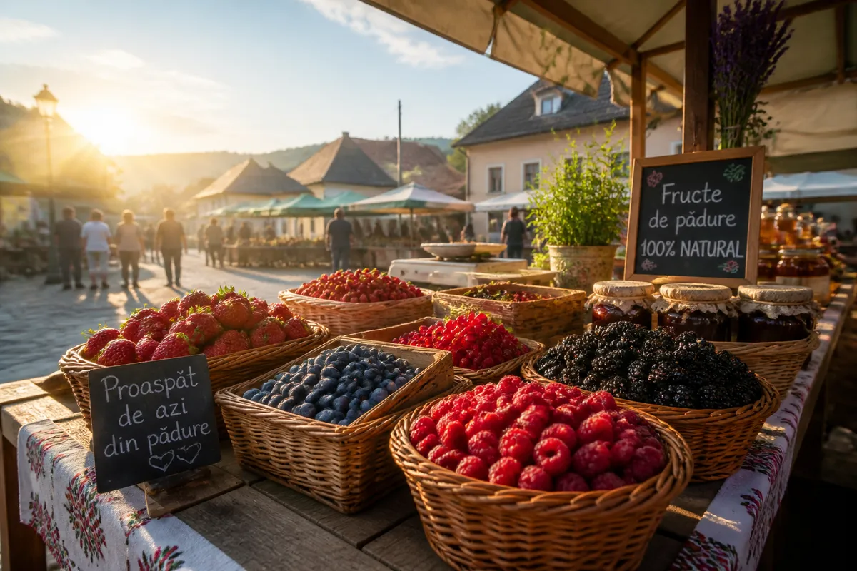 piață de vară fructe de pădure proaspete dimineața