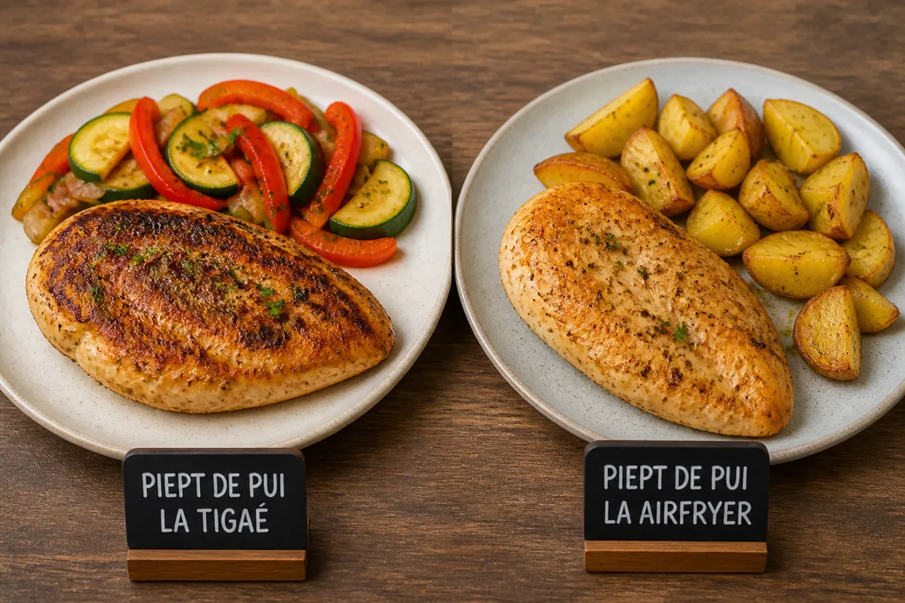 comparație între piept de pui la tigaie și airfryer