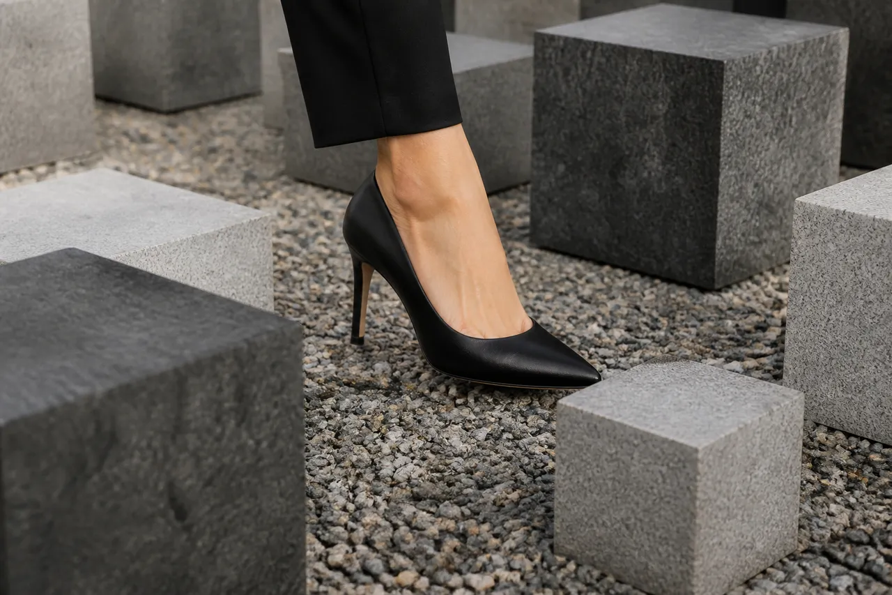 echilibru la mersul pe piatră cubică cu pantofi eleganți