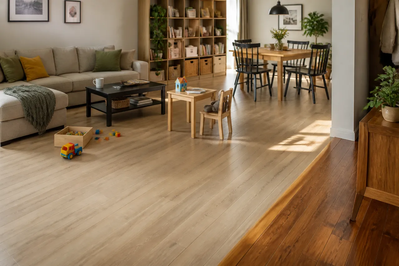 parchet laminat și lemn masiv în living folosit intens