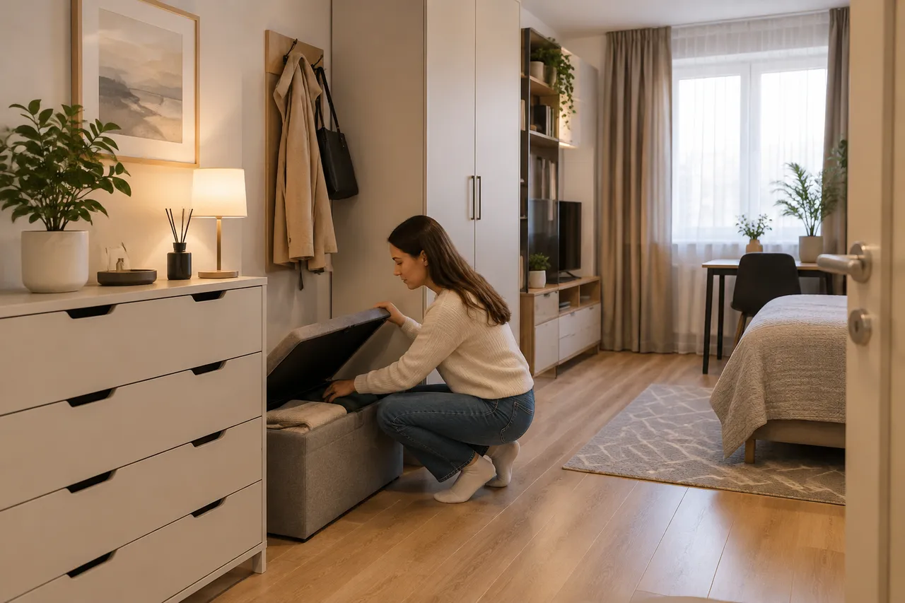 mobilier cu depozitare ascunsă în garsonieră