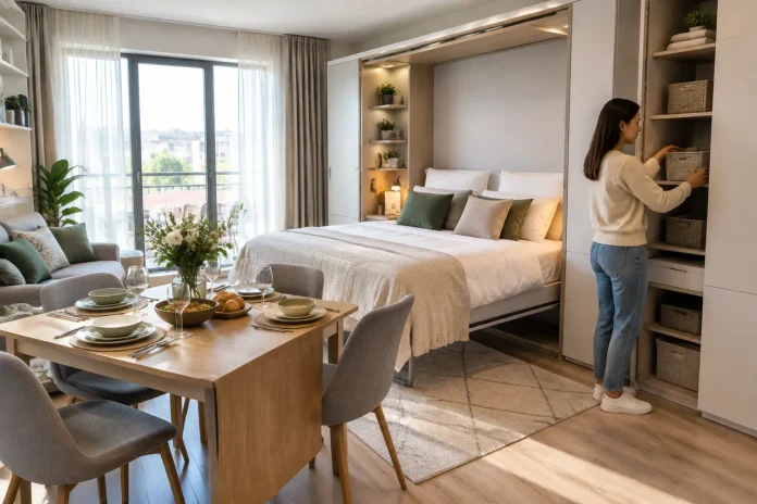 Mobilier multifuncțional pentru garsonieră care eliberează spațiul fără compromisuri Mobilier multifuncțional pentru garsonieră care eliberează spațiul fără compromisuri